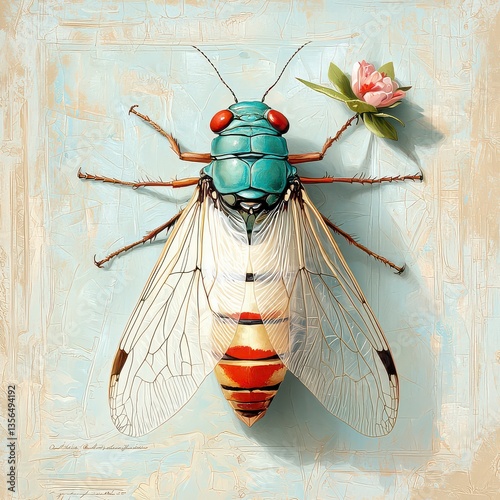 Explore the charm of nature with this detailed botanical cicada print showcasing vintage engraving aesthetics and muted colors, an exquisite entomological artwork perfect for adding a touch of photo