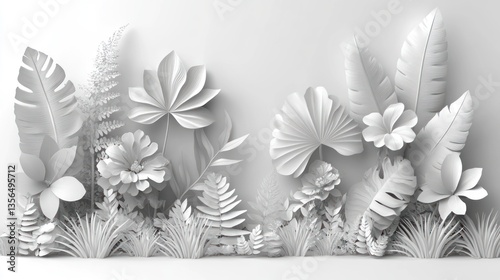 Monochromatic Tropical Paradise: A 3D Paper Flower and Leaf Composition