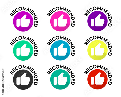 set of 9 multi-colored stickers with the text recommended with a like icon