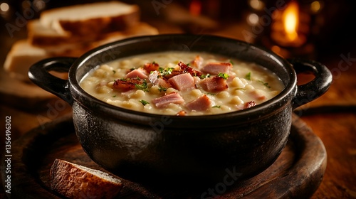 split pea soup in dark dish with wooden background