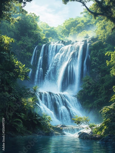 Majestic waterfall in a remote jungle: waterfall, jungle, nature, majestic, cascading, green, adventure, wilderness, ser