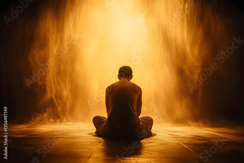 A silhouette of a person kneeling in a meditative pose, surrounded by a warm golden light, symbolizing spirituality, peace, and enlightenment.