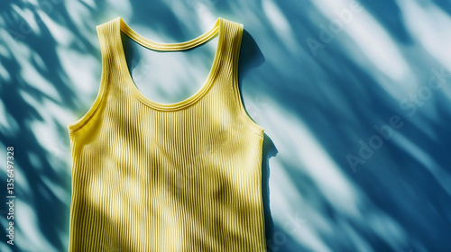 A yellow ribbed tank top on a blue background with leaf shadows creating a summer aesthetic look