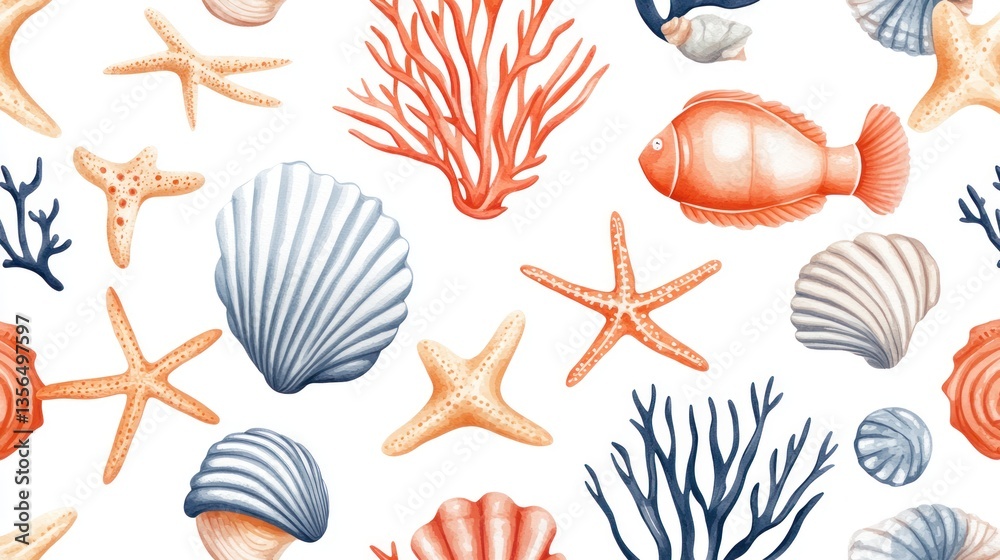 Obraz premium Seamless Watercolor Pattern: Underwater Paradise of Starfish, Shells, Coral, and Fish