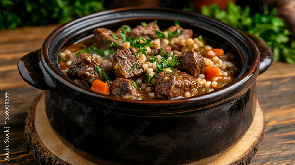 hearty rustic stew of beef and barley on table hearty rustic stew of beef and barley on table