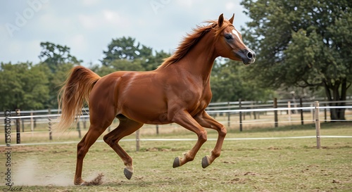 Elegant Arabian Horse Galloping Freely in a Green Pasture on a Sunny Day
