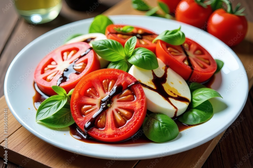 Elegant Caprese Salad with Balsamic Glaze on White Plate Elegant Caprese Salad with Balsamic Glaze on White Plate