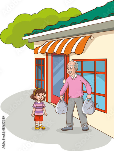 Cute little kid wants to help his grandfather carry the grocery bag