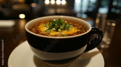 rich spicy chili in rustic bowl on wooden surface