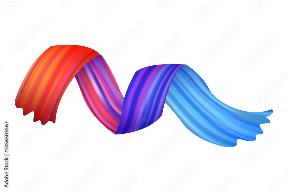Brushstroke multicolor gradient texture. Brush ribbon isolated on white. Design element of wavy curly brush paint stroke. Watercolor trace or abstract colorful smear cartoon illustration