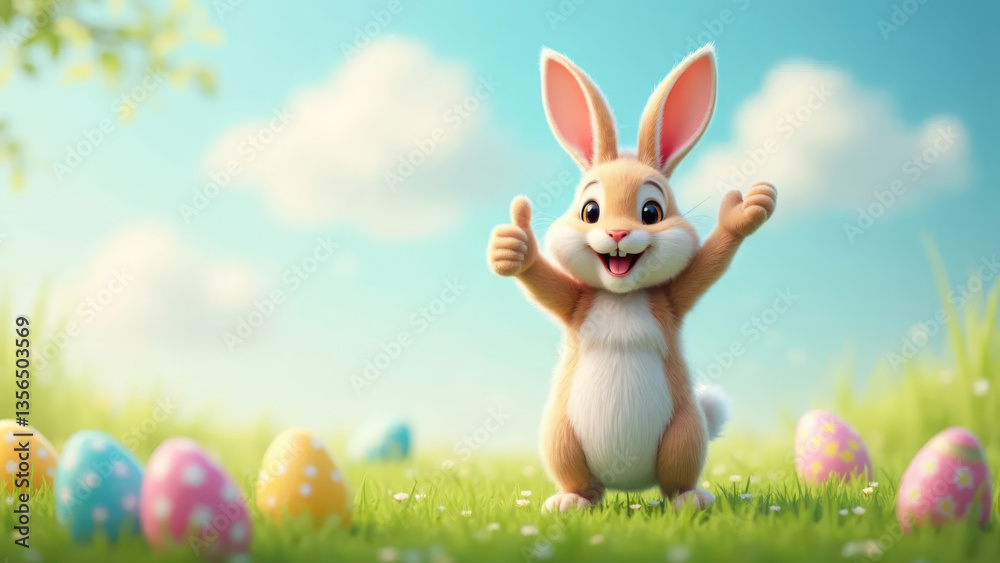 Obraz premium Cheerful Easter bunny showing thumbs up among decorated eggs on blooming spring meadow with sunlight and bokeh.