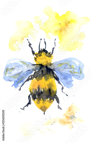 Yellow and black bee with wings painted with watercolors on a white background
