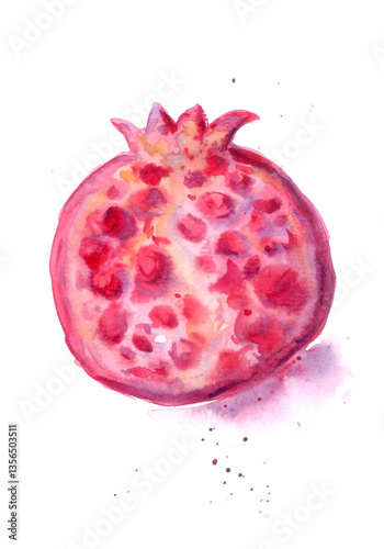 Red pomegranate cut with grains painted with watercolors on a white background