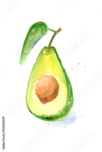 Avocado green with pit painted with watercolor on white background