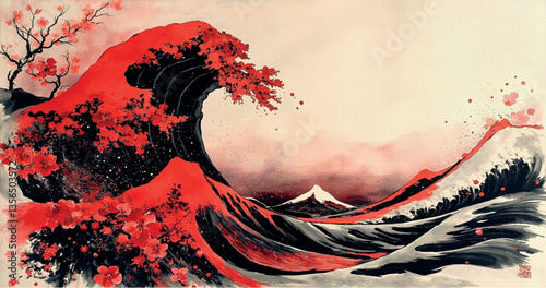 Red Blossom Ocean wave background