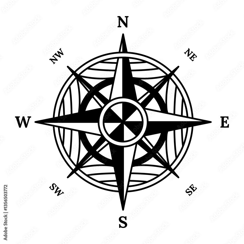 Retro compass icon. Hand drawn wind rose. Old design element for marine theme or heraldry. Vintage rose of wind for sea marine navigation
