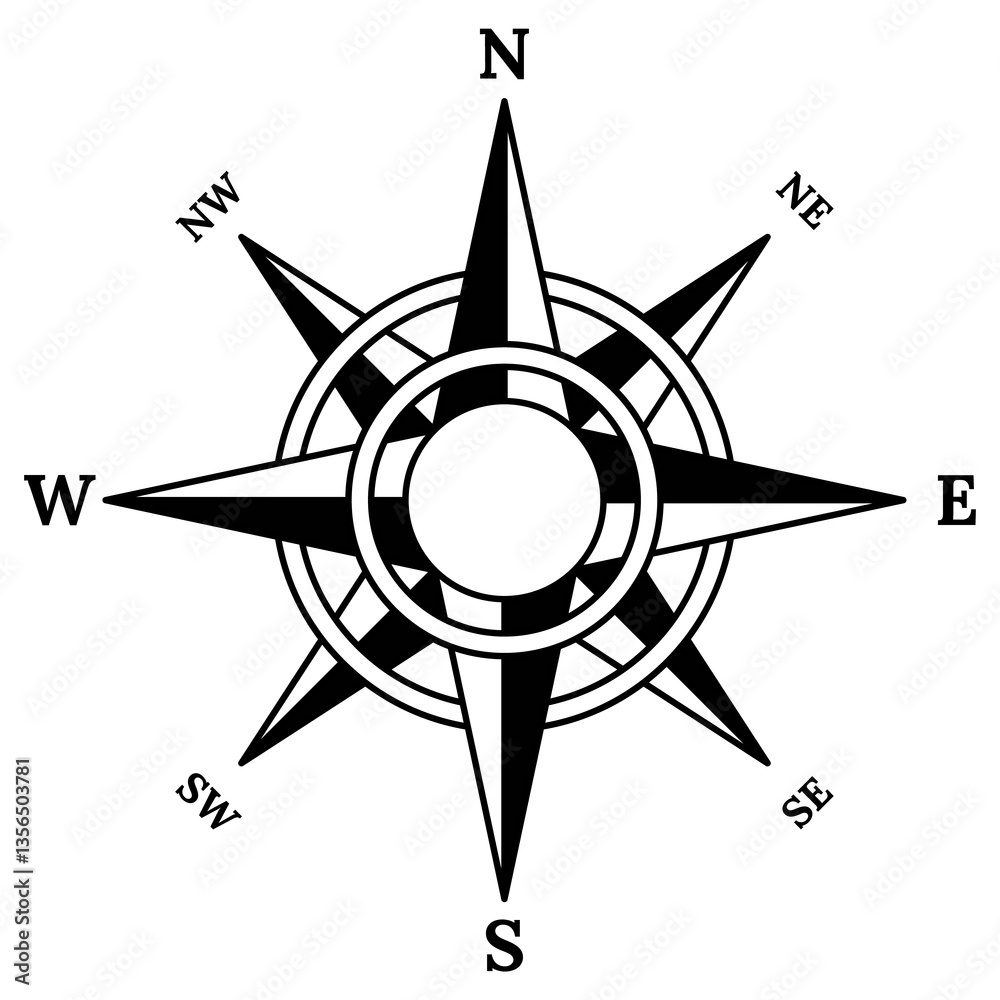 Retro compass icon. Hand drawn wind rose. Old design element for marine theme or heraldry. Vintage rose of wind for sea marine navigation