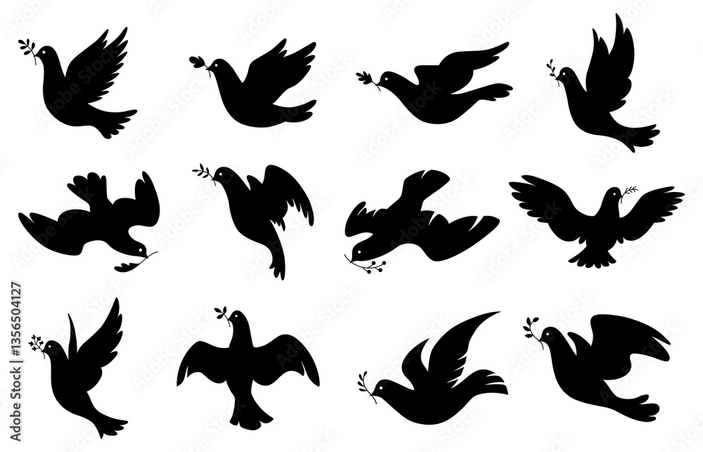 Dove silhouettes icon set. Black shape of pigeons. flying doves with olive branch on white background