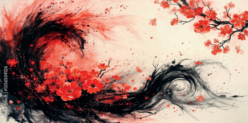 Wave of cherry blossoms and mountains background