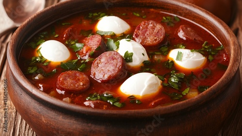 thick zurek soup in bowl with eggs and sausage