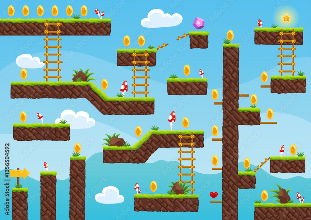 Game level map. Arcade 2d video game for old computer or console. Cartoon computer or mobile arcade with bonus items, jumping road to goal play. cartoon illustration