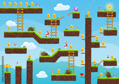 Obraz na płótnie Game level map. Arcade 2d video game for old computer or console. Cartoon computer or mobile arcade with bonus items, jumping road to goal play. cartoon illustration w salonie