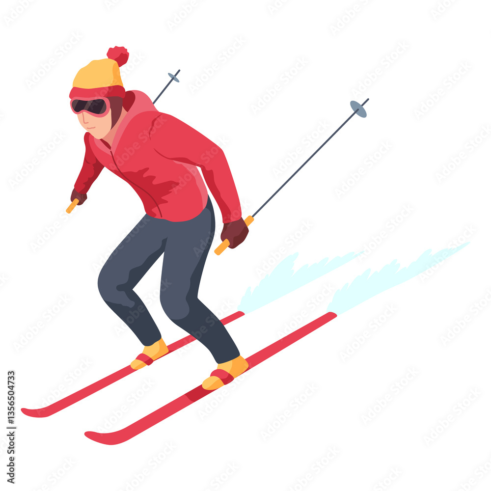 Man on mountain ski resort. Winter web banner design element. Sport on vacations or winter activity. Sports descent on skis in mountains hills. cartoon illustration