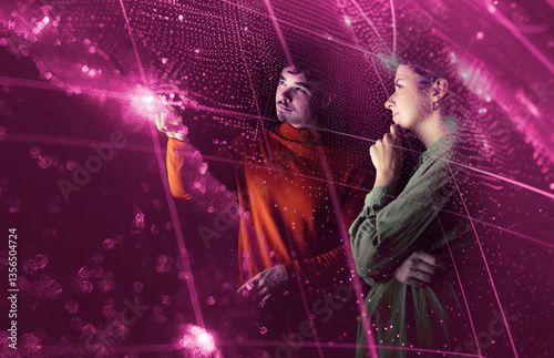 Two people interacting with augmented reality technology in a futuristic setting