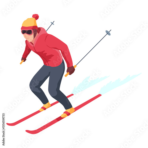 Obraz na płótnie Man on mountain ski resort. Winter web banner design element. Sport on vacations or winter activity. Sports descent on skis in mountains hills. cartoon illustration w salonie