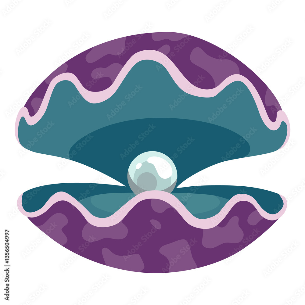 Pearl in seashell. Open seashell scallop and pearl shell icon. Beautiful pearl in clam shell in cartoon flat style. illustration isolated on white background