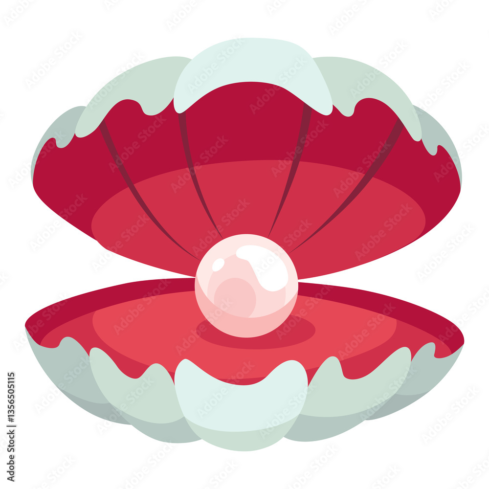 Pearl in seashell. Open seashell scallop and pearl shell icon. Beautiful pearl in clam shell in cartoon flat style. illustration isolated on white background