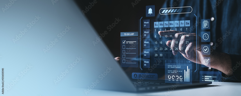 Businessman using futuristic digital calendar interface for scheduling and task management. Businessman using futuristic digital calendar interface for scheduling and task management.