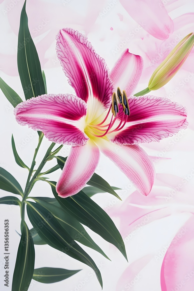 Fototapeta premium Stunning Pink Lily Flower Bloom Closeup on White Background