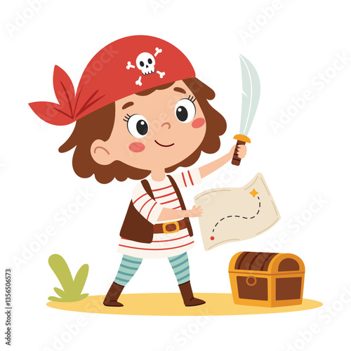 Cute little pirate girl holding a map and a sword. Vector illustration. Cartoon illustration in children's style.