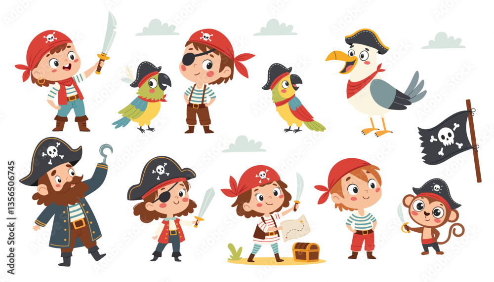 Cute animals and children in pirate hats. Parrot, seagull, albatross, monkey, girls, boys, old pirate, treasure. Vector on white background. Cartoon illustration in children's style. Cute animals and children in pirate hats. Parrot, seagull, albatross, monkey, girls, boys, old pirate, treasure. Vector on white background. Cartoon illustration in children's style.