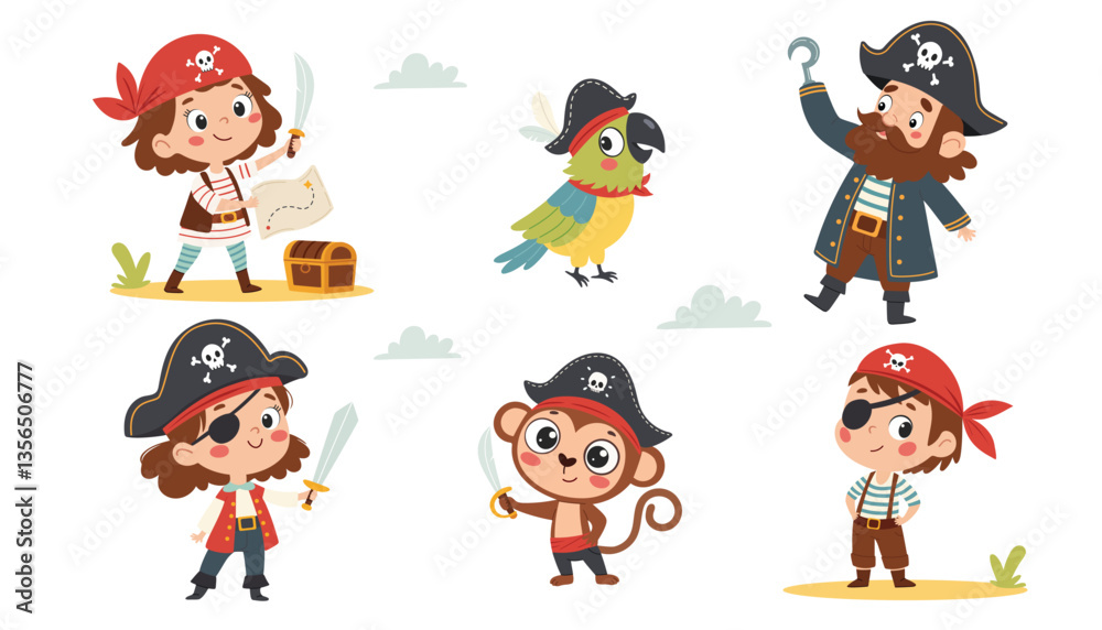 Cute animals and children in pirate hats. Parrot, seagull, albatross, monkey, girls, boys, old pirate, treasure. Vector on white background. Cartoon illustration in children's style. Cute animals and children in pirate hats. Parrot, seagull, albatross, monkey, girls, boys, old pirate, treasure. Vector on white background. Cartoon illustration in children's style.