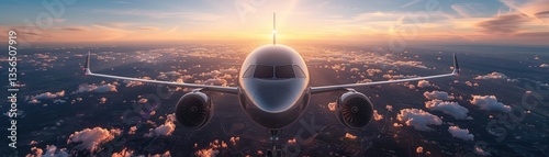Realistic horizontal image of silver luxury generic design private jet flying over the earth. Empty blue sky with white clouds at background. Business travel a