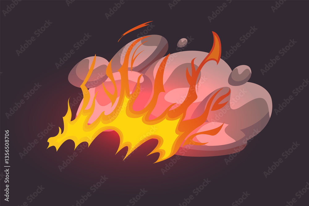 Cartoon fire game effect. Hot flame comic graphic illustration for ui design. Danger flammable attack motion detail. Isolated burning and fiery power with heat light trail