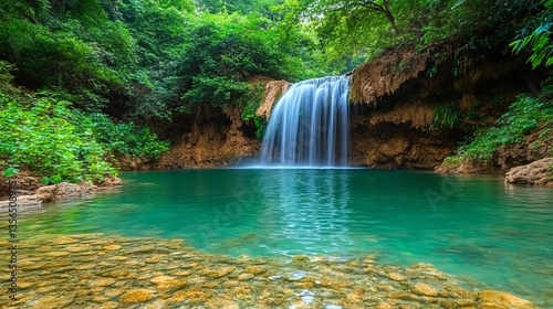 Majestic Waterfall Cascading through Lush Green Forest Surrounded by Vibrant Vegetation and Serenity