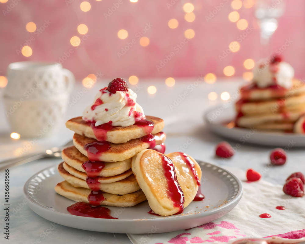 a plate of pancakes topped with whipped cream, a raspberry sauce, and fresh raspberries. The background features a pink background with a blurred effect and a few fairy lights.