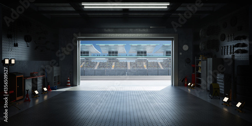 3D Motorsport pit garage opening onto race track with spectators cheering