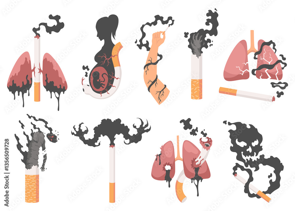 Smoking dangers icon set. Awareness about smoking and poison of cigarette. Resulting premature organ damage. Smoking effect on human lung. Smoking is harmful to human organs