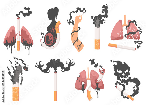 Obraz na płótnie Smoking dangers icon set. Awareness about smoking and poison of cigarette. Resulting premature organ damage. Smoking effect on human lung. Smoking is harmful to human organs w salonie