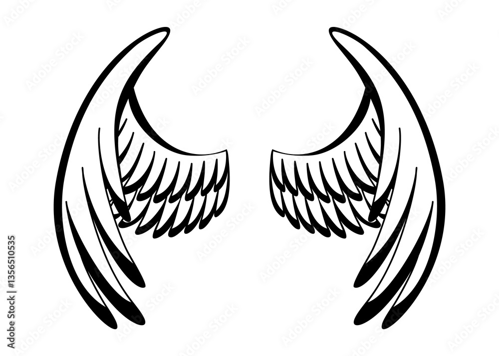Wings sketch. Stylized birds wings. Hand drawn contoured stiker wing in open position. design elements in coloring style
