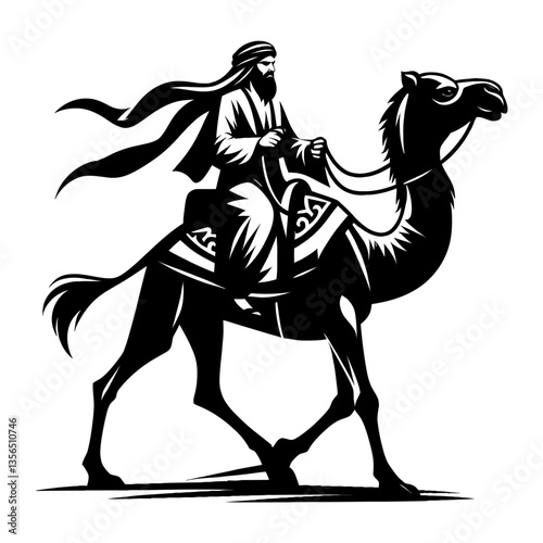 Arab sheikh riding camel black color vector isolated white background