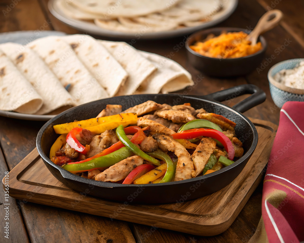 Black cast iron skillet containing brown chicken strips, colorful vegetables, and a red pepper. Black cast iron skillet containing brown chicken strips, colorful vegetables, and a red pepper.