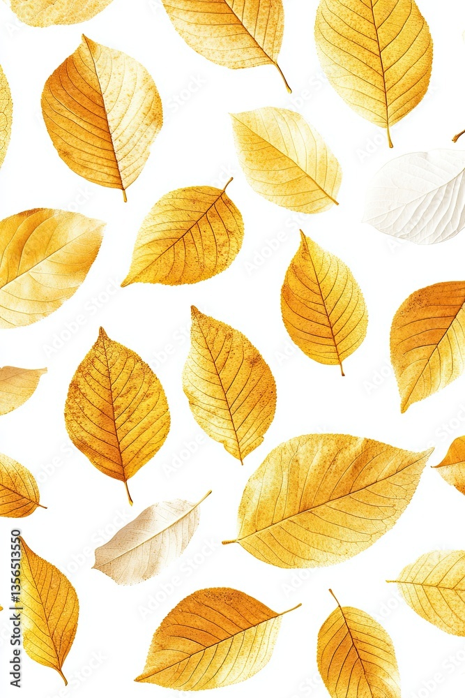Fototapeta premium Seamless pattern of golden autumn leaves on white background with soft texture and natural fall foliage design