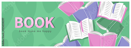 Horizontal banner for bookstore, festival,  market, bookshop or library. Vector illustration for poster, cover, marketing, sale.