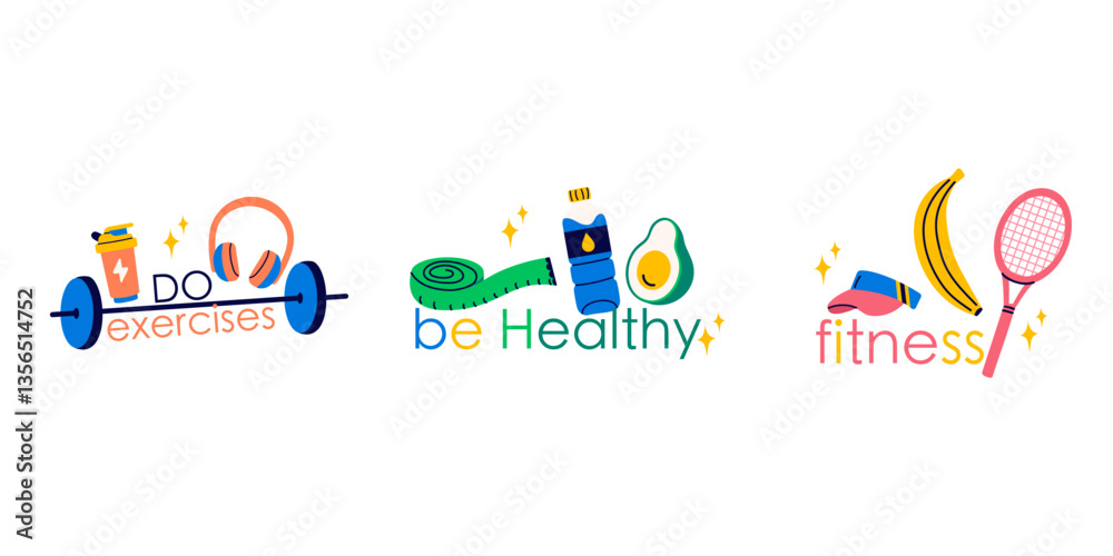 Obraz premium Fitness, gym inventory sport equipment of badge, label design with lettering