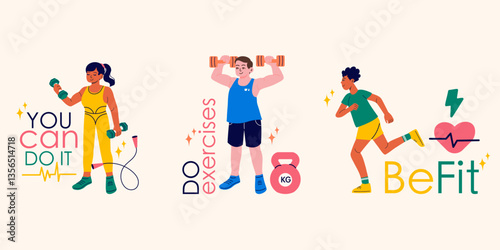 People doing sports fitness inventory, gym, sport equipment of badge, label design with lettering
